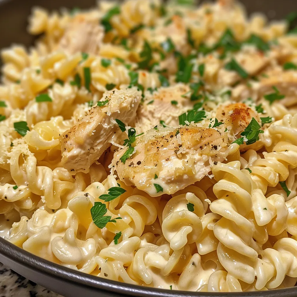Juicy chunks of chicken and twisted pasta in a creamy garlic sauce.