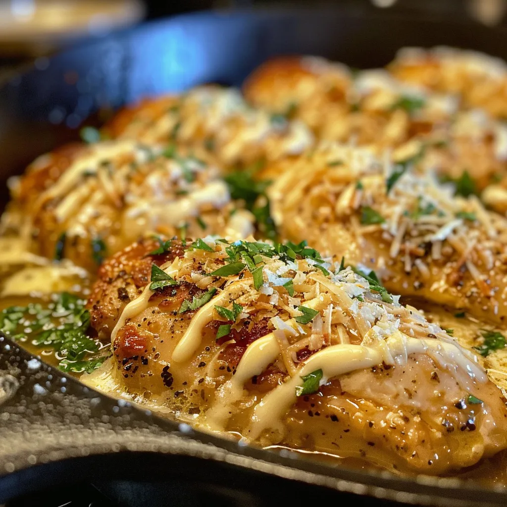 Close-up of succulent chicken breast smothered in creamy garlic sauce.