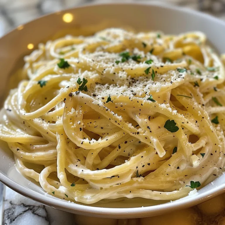 Close-up view of creamy garlic pasta, showcasing the texture and sauce.