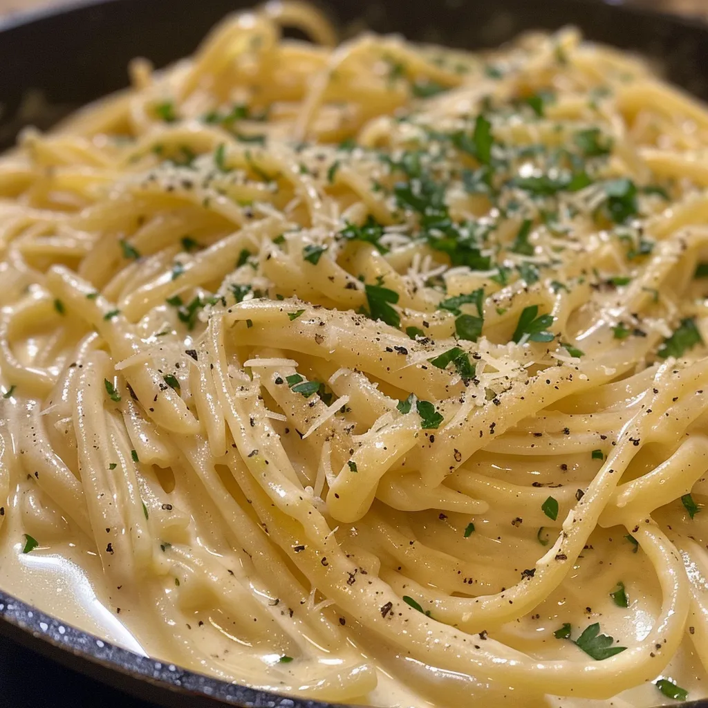 A bowl of creamy garlic pasta with visible garlic and cheese, garnished with parsley.
