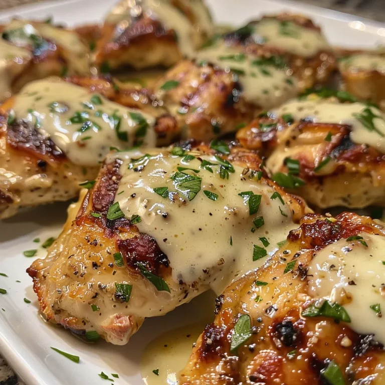 A close-up shot of creamy garlic sauce drizzled over grilled chicken bites.