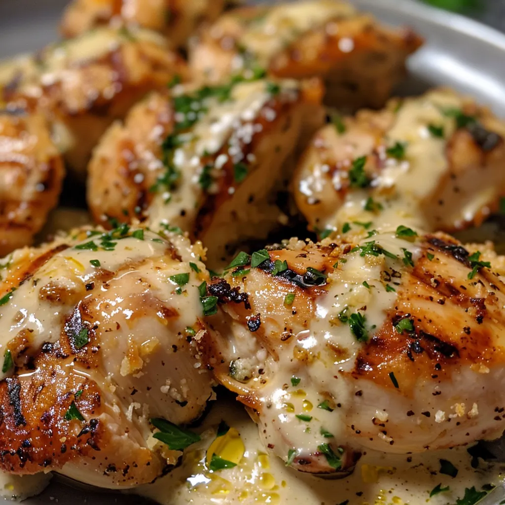 Juicy grilled chicken pieces with a rich, creamy garlic sauce in a side view.