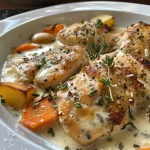 Close-up view of juicy creamy herb chicken served with mashed potatoes and glazed carrots.