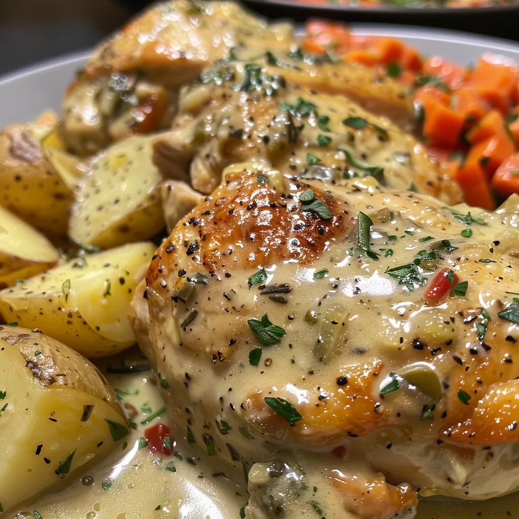 Side angle of a plate featuring tender creamy herb chicken, fluffy mashed potatoes, and vibrant glazed carrots.