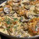 Close-up view of creamy mushroom chicken with sliced mushrooms and sauce.