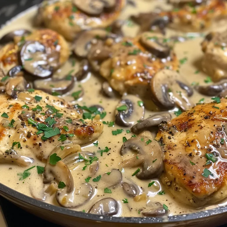 Close-up view of creamy mushroom chicken with sliced mushrooms and sauce.