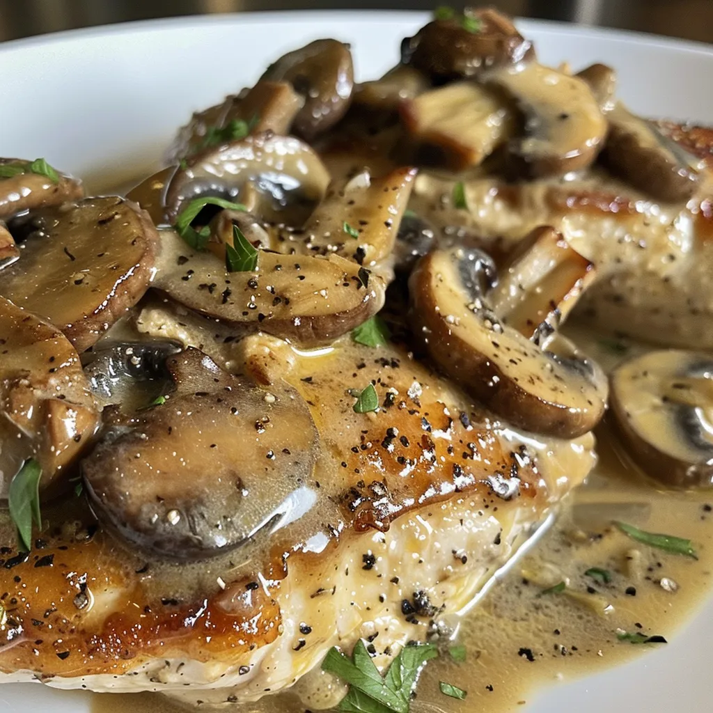 Juicy chicken breast topped with creamy mushroom sauce, viewed from the side.