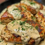 Juicy Creamy Ranch Chicken shown in a close-up side view with a creamy sauce.
