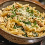 Close-up of creamy pasta with shredded rotisserie chicken, spinach, and grated Parmesan.