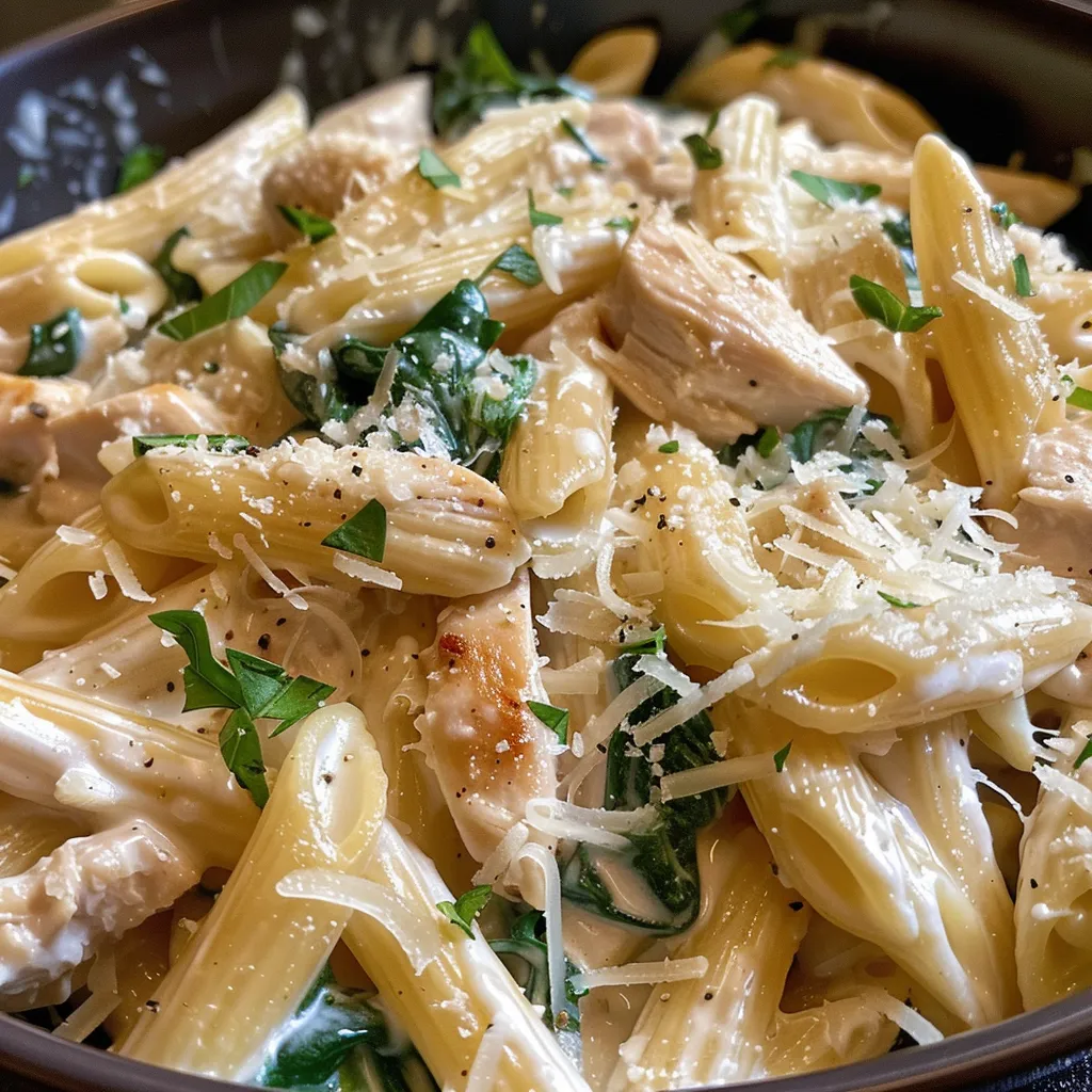 Side view of a hearty bowl of creamy chicken pasta, showcasing fresh ingredients and sauce.