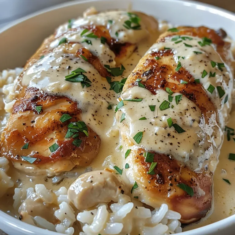 Close-up view of creamy smothered chicken served over rice in a white bowl.