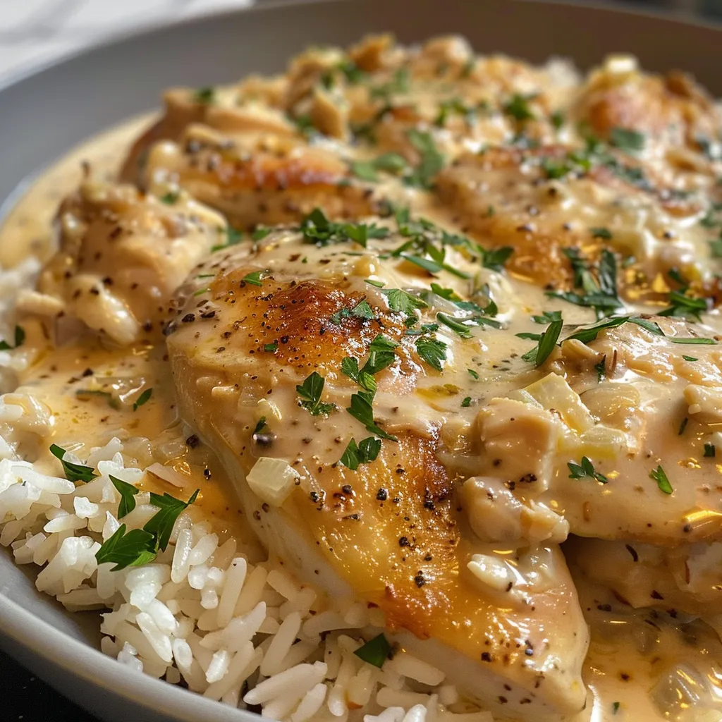 Juicy chicken breasts covered in creamy sauce, garnished with parsley and served with rice.
