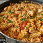 Close-up view of creamy tomato chicken pasta served on a plate with a sprinkle of parsley.