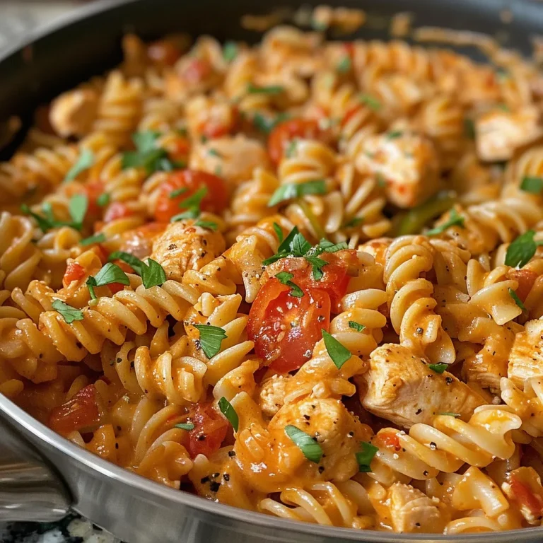 Close-up view of creamy tomato chicken pasta served on a plate with a sprinkle of parsley.