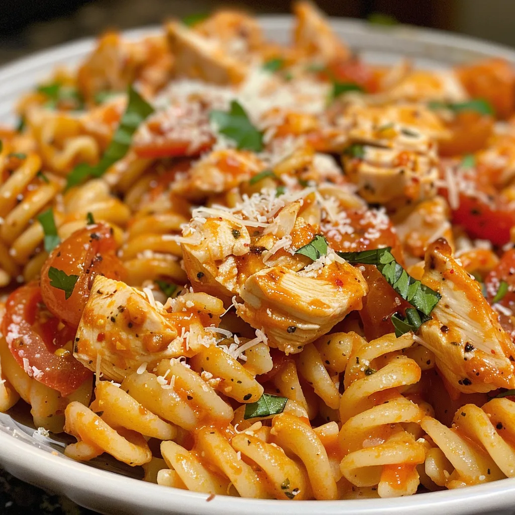 Side shot of a bowl filled with creamy tomato chicken pasta, showcasing rotini, chicken, and cheese.