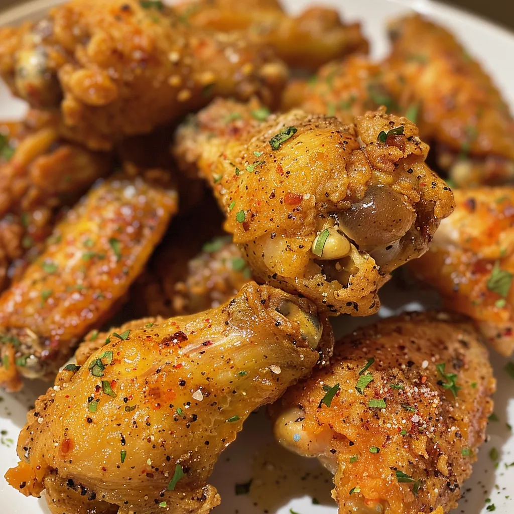 Juicy chicken wings with a crispy exterior, garnished with herbs.