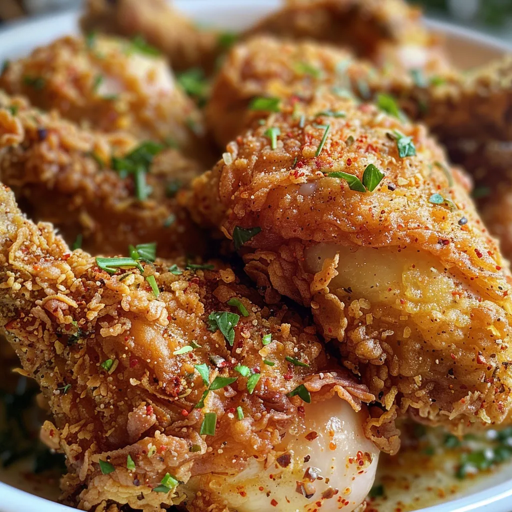 Juicy Southern fried chicken, cut into pieces, with a crunchy texture.