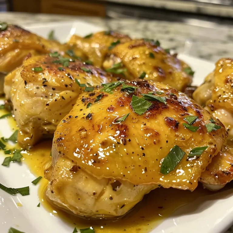 Close-up view of juicy Crockpot Honey Mustard Chicken with a golden glaze.