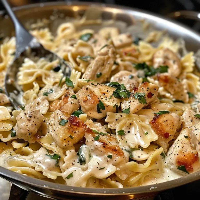 A close-up side view of a creamy Dairy Free Chicken Alfredo dish, featuring diced chicken and gluten-free farfalle pasta.