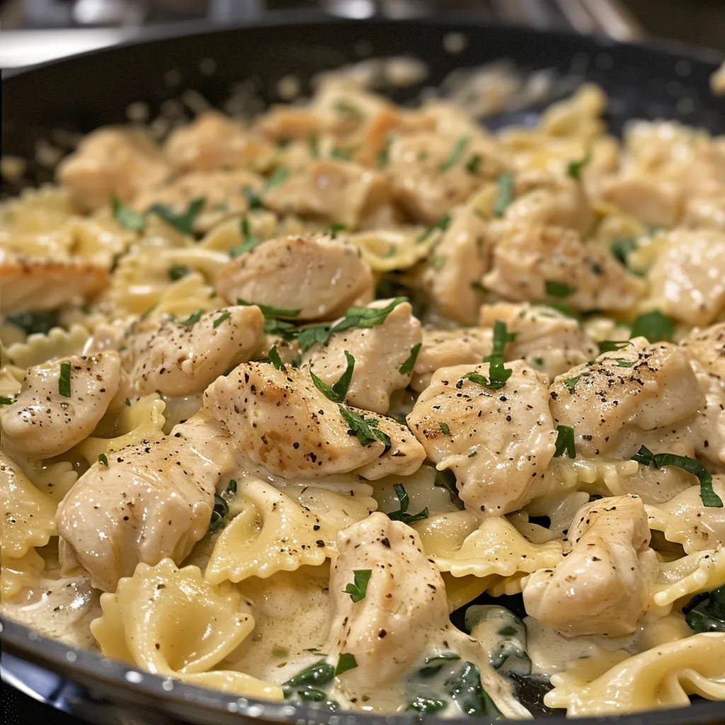 Juicy Dairy Free Chicken Alfredo on a plate, showcasing a rich white sauce mixed with chopped spinach and shredded dairy-free parmesan.