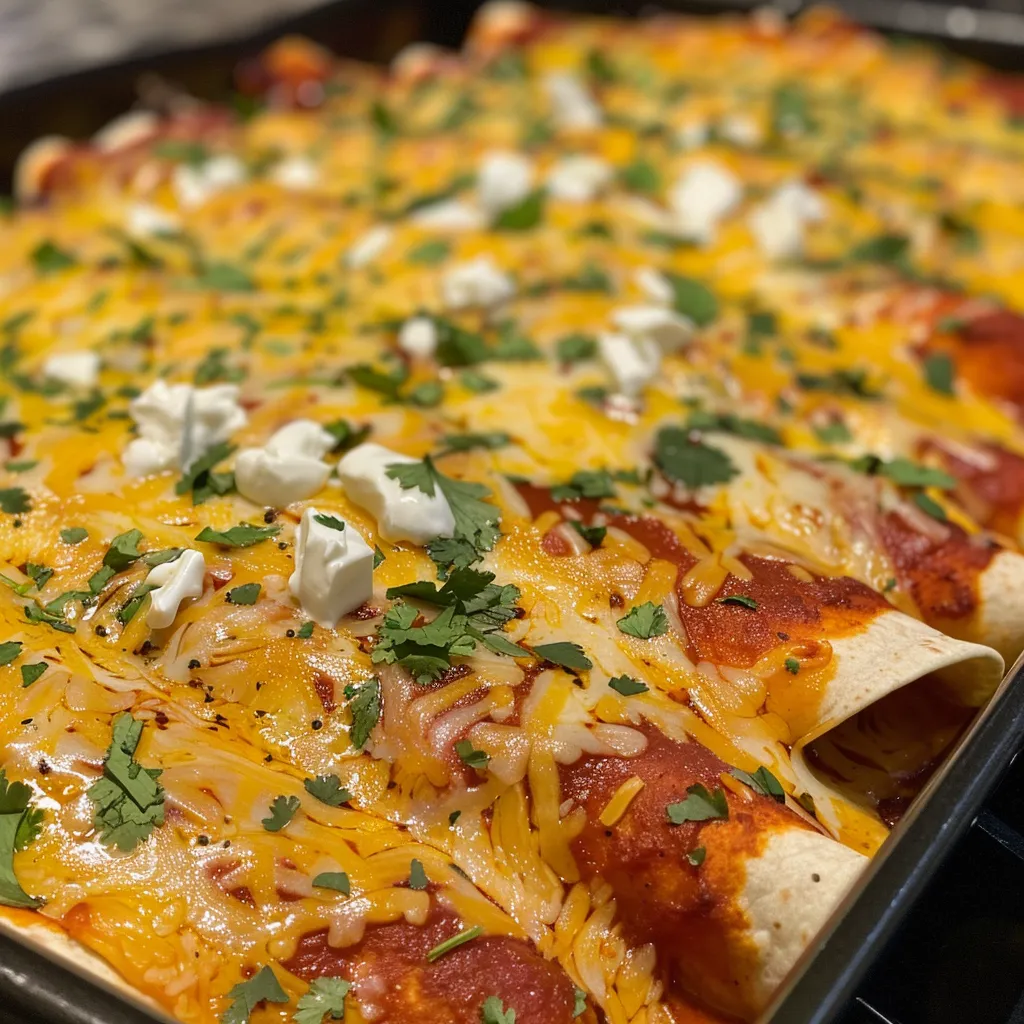A side view of saucy chicken enchiladas with a sprinkle of fresh cilantro and melted cheese.