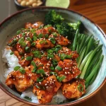 Close-up view of a plate featuring spicy Korean chicken with vibrant colors and textures.