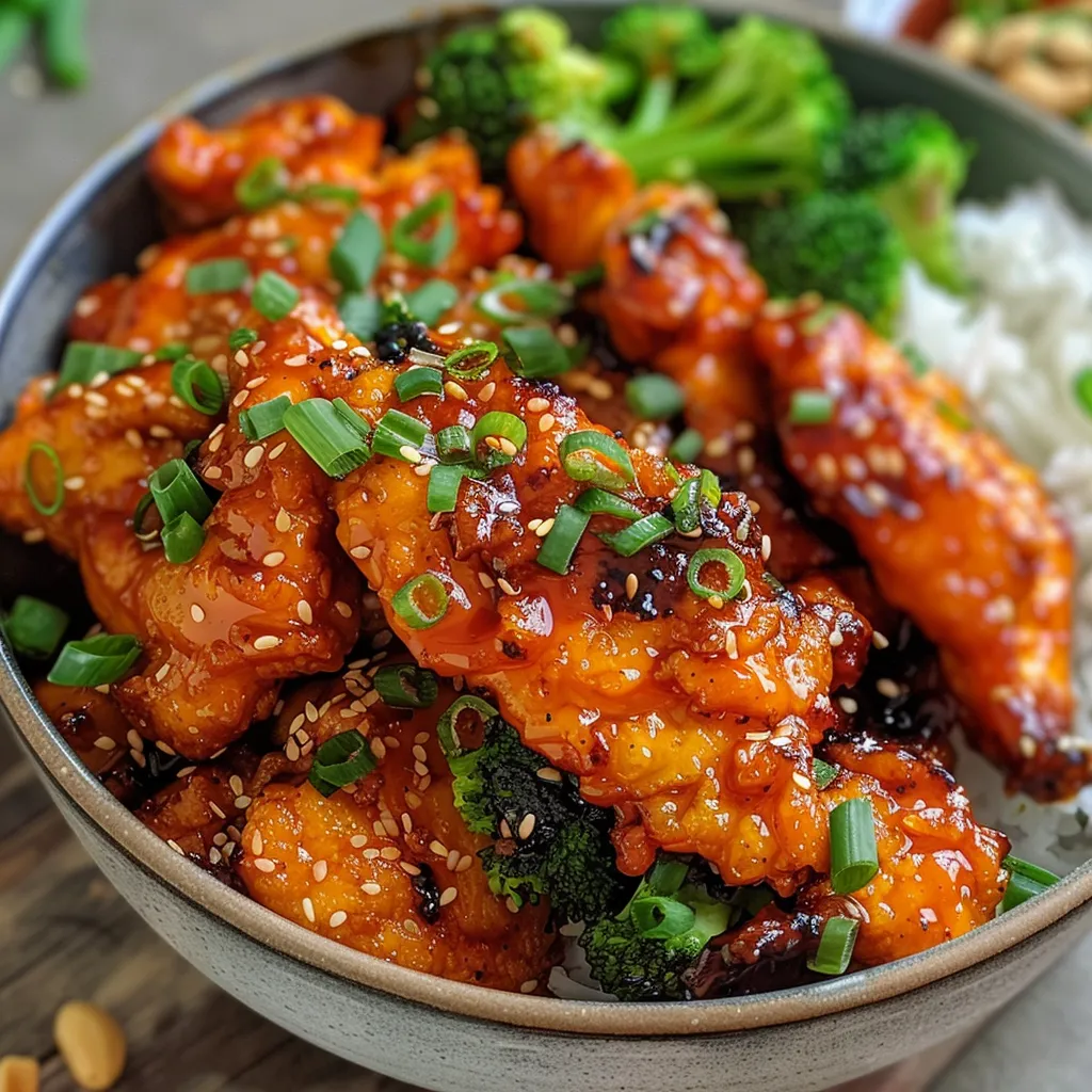Juicy pieces of Korean chicken garnished with green onions and peanuts on a plate.