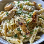 Juicy garlic parmesan chicken pasta in a creamy sauce with spinach.