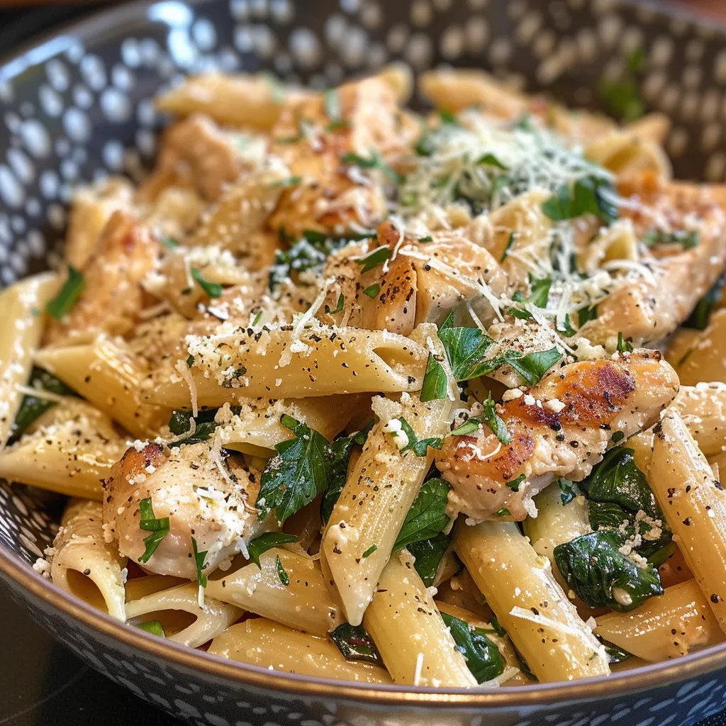 Close-up view of penne pasta topped with chicken and parsley.