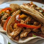 A close-up view of sizzling fajitas with colorful bell peppers and sliced chicken on a plate.