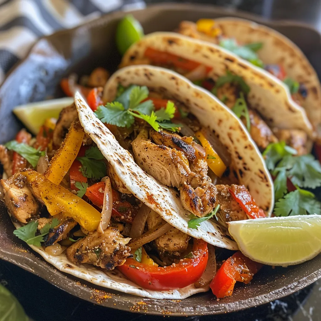 Juicy chicken and vibrant bell peppers served on warm tortillas, ready to eat.