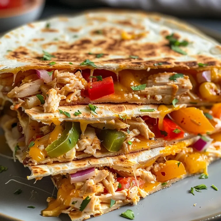 Close-up side view of a juicy chicken quesadilla filled with melted cheese and colorful vegetables.