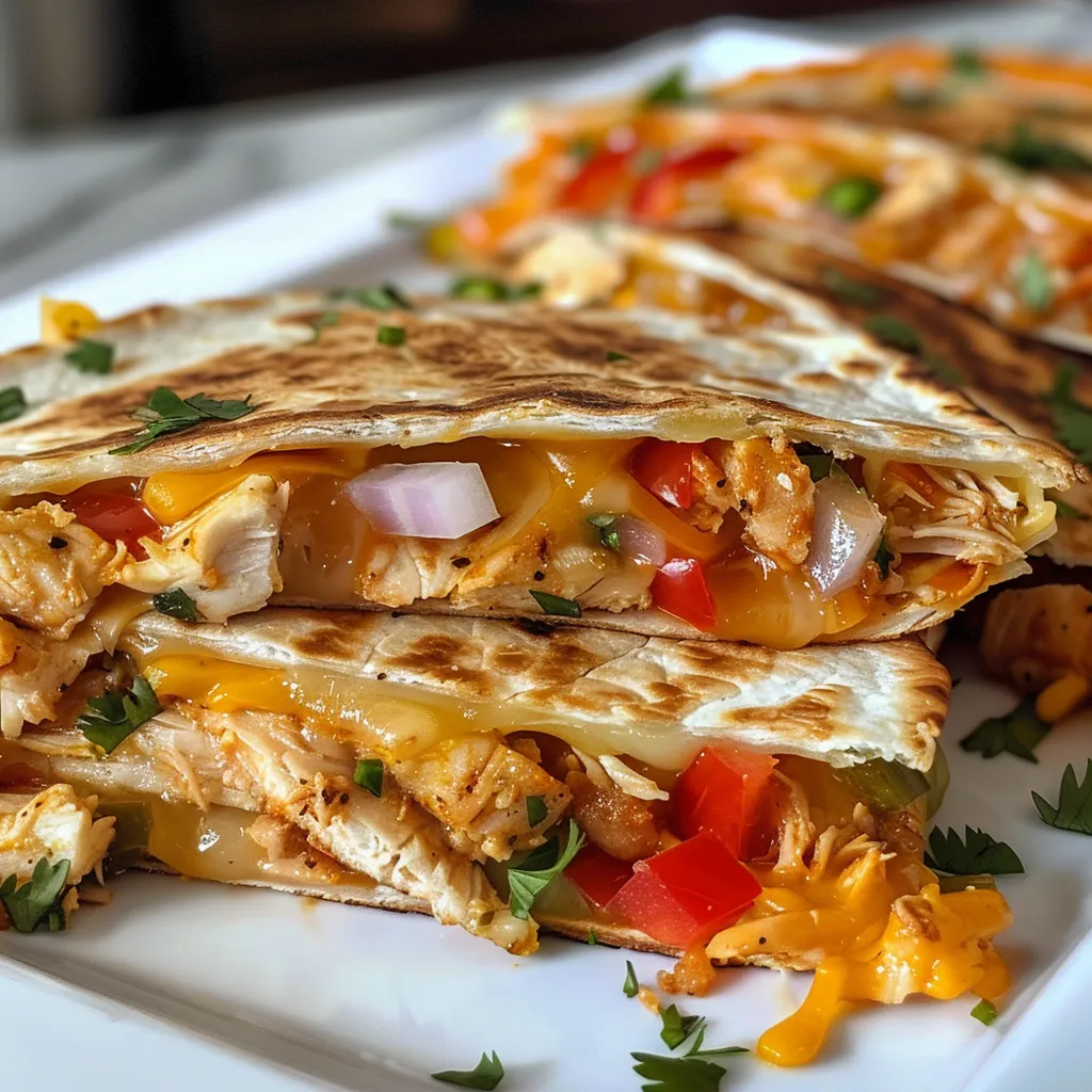 A delicious chicken quesadilla with a golden-brown tortilla, showcasing shredded chicken and bell peppers.