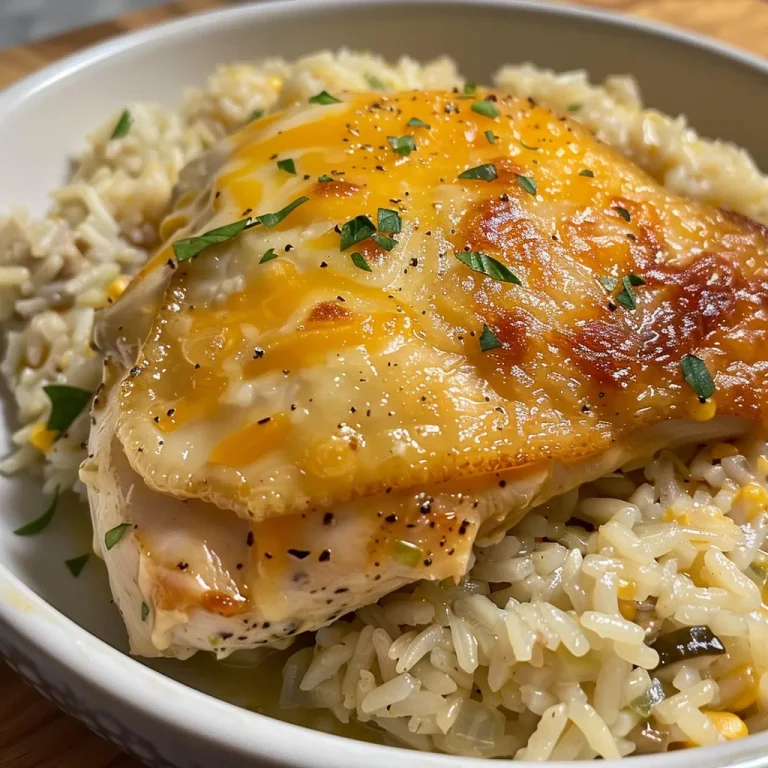 Close-up of a plate featuring juicy Forgotten Chicken and Rice with mixed vegetables.