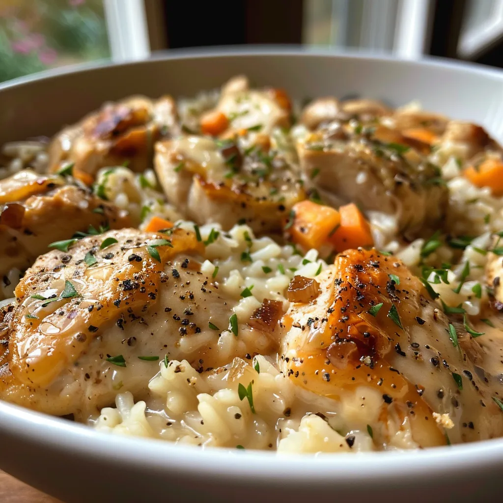 Side view of a serving of Forgotten Chicken and Rice topped with cheddar cheese.