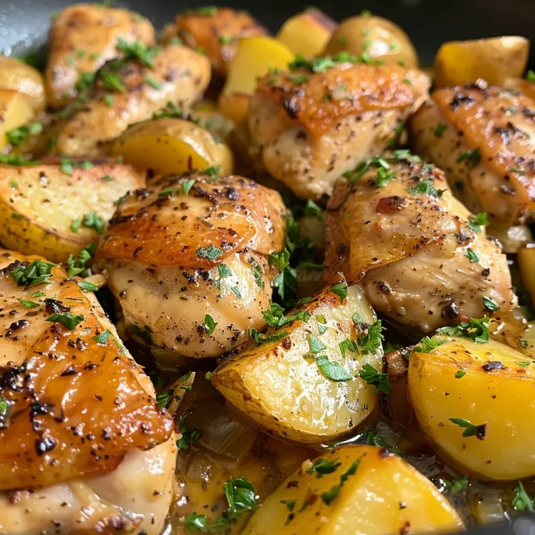 Juicy garlic butter chicken pieces and golden roasted potatoes in a skillet.