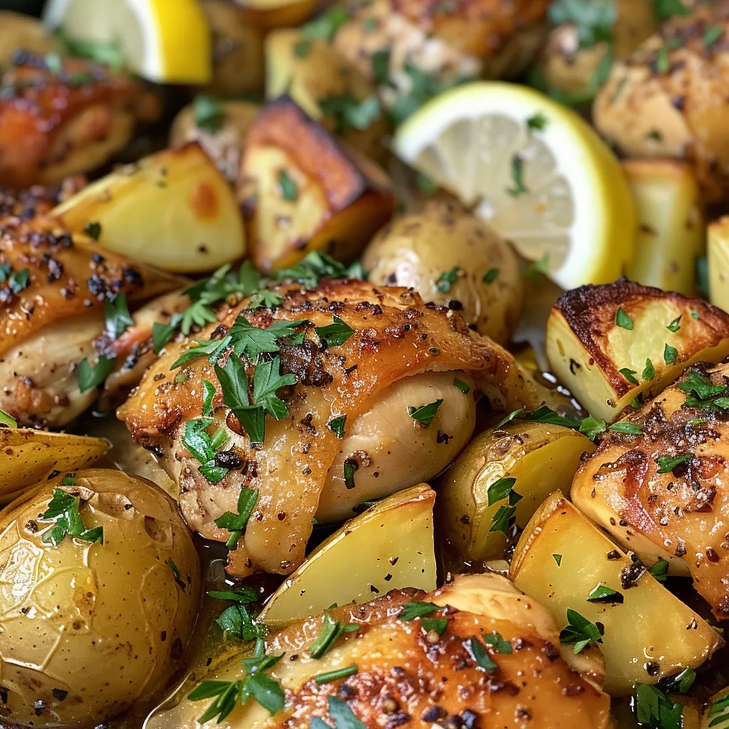 A close-up view of chicken and potatoes cooked in garlic butter sauce.
