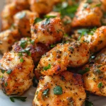Close-up of juicy garlic butter chicken bites on a plate, glistening with sauce.