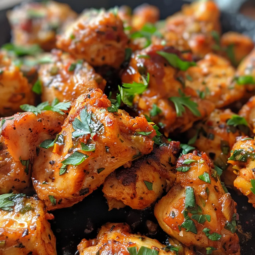 Side view of golden-brown chicken bites in garlic butter sauce.