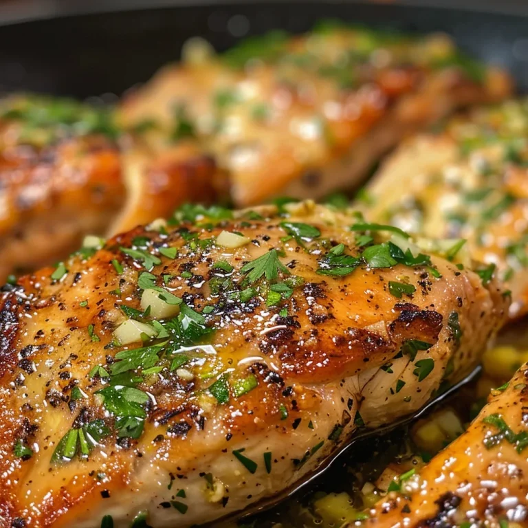 Close-up view of a Garlic Butter Chicken Skillet with juicy chicken and herbs.