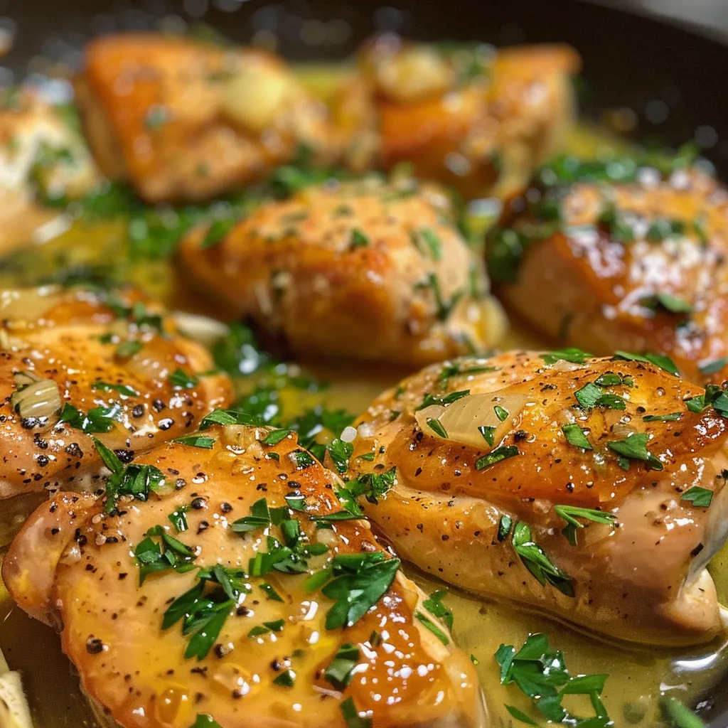Side view of a sizzling Garlic Butter Chicken dish in a skillet on a table.