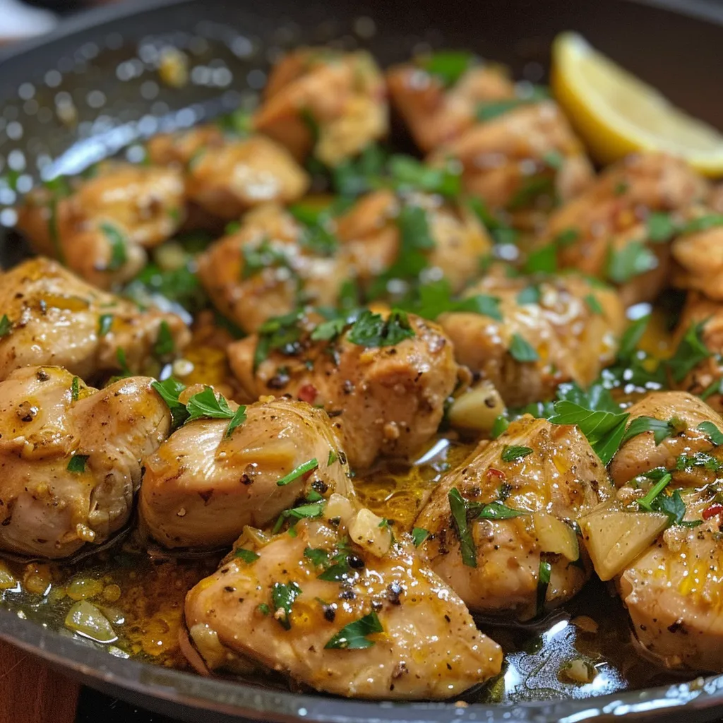 Side view of Garlic Butter Chicken garnished with parsley and lemon wedges.