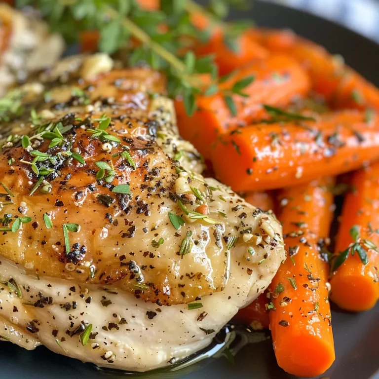 Close-up view of a plate featuring juicy garlic herb chicken and vibrant baby carrots.
