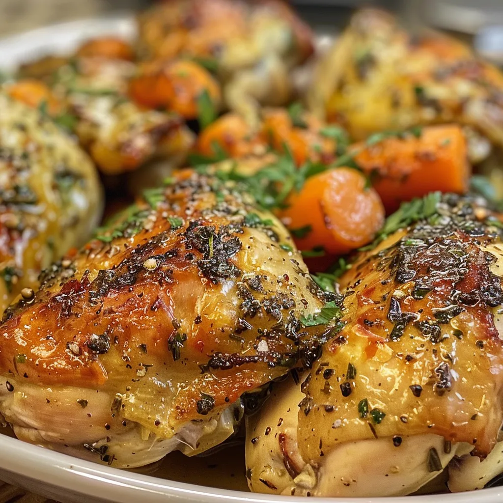 Side view of a succulent garlic herb chicken breast alongside colorful baby carrots on a plate.