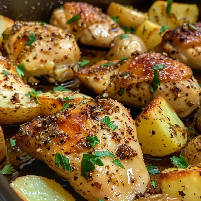 The One-Pan Wonder: Garlic Parmesan Chicken and Potatoes That Warm the Heart Juicy garlic parmesan chicken breasts with halved baby potatoes, garnished with fresh parsley.