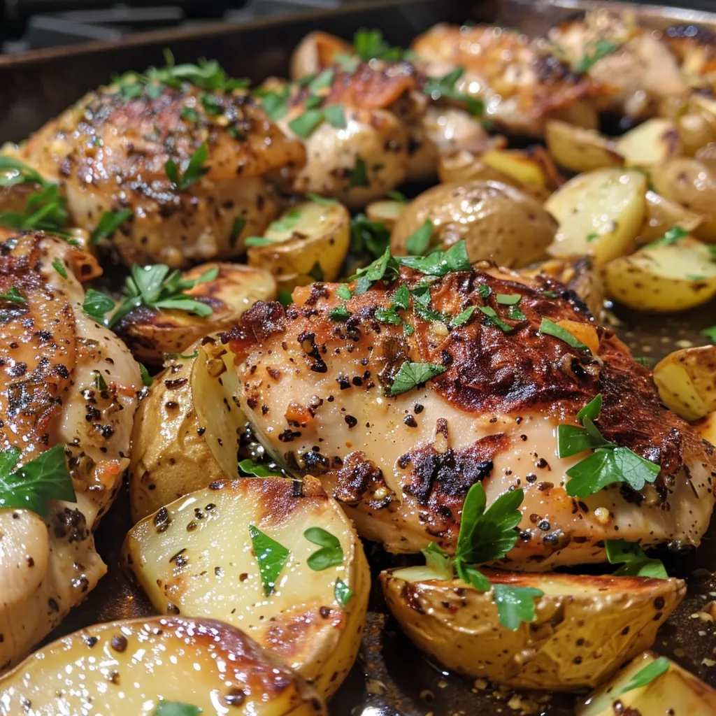 A close-up view of golden garlic parmesan chicken and halved Yukon Gold potatoes, on a rustic plate.