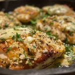 A close-up view of a juicy Garlic Parmesan Chicken Skillet, showcasing tender chicken pieces coated in a creamy sauce.