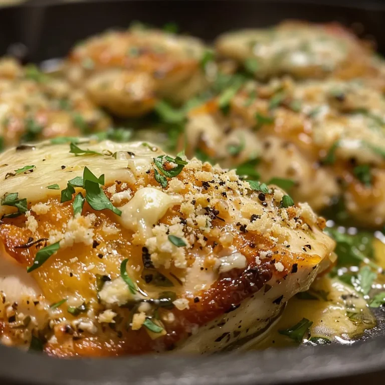 A close-up view of a juicy Garlic Parmesan Chicken Skillet, showcasing tender chicken pieces coated in a creamy sauce.
