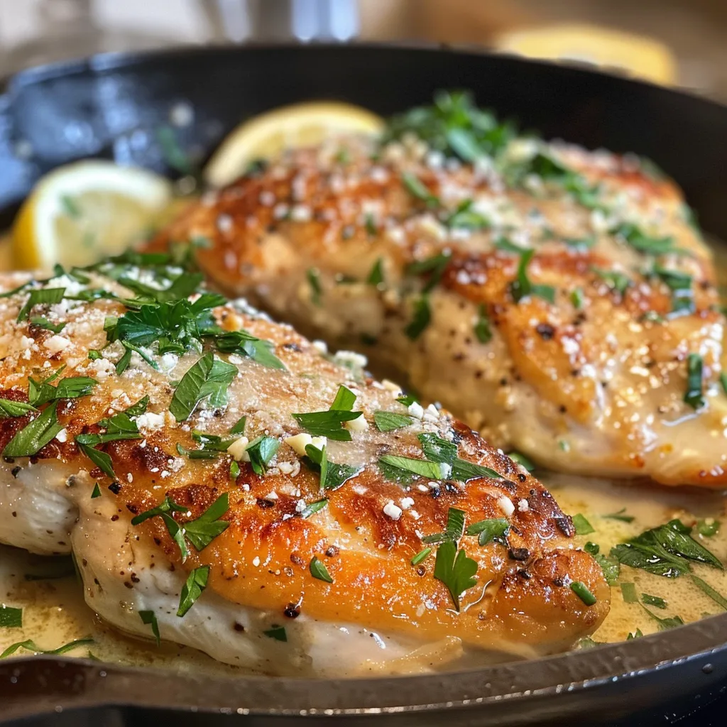 Side angle of a Garlic Parmesan Chicken Skillet with golden chicken, visible garlic, and grated parmesan on top.