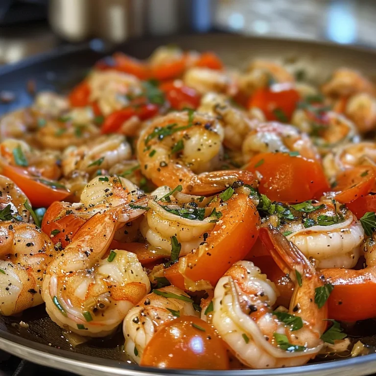Close-up of juicy garlic shrimp and fresh tomatoes in a rich sauce.
